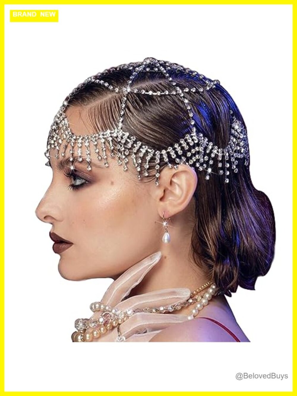 Rhinestone Mesh Headband Cap with Tassel Crystal Head Chain for Wedding Prom